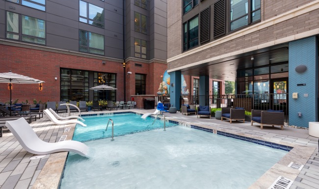 pool with buildings surrounding it